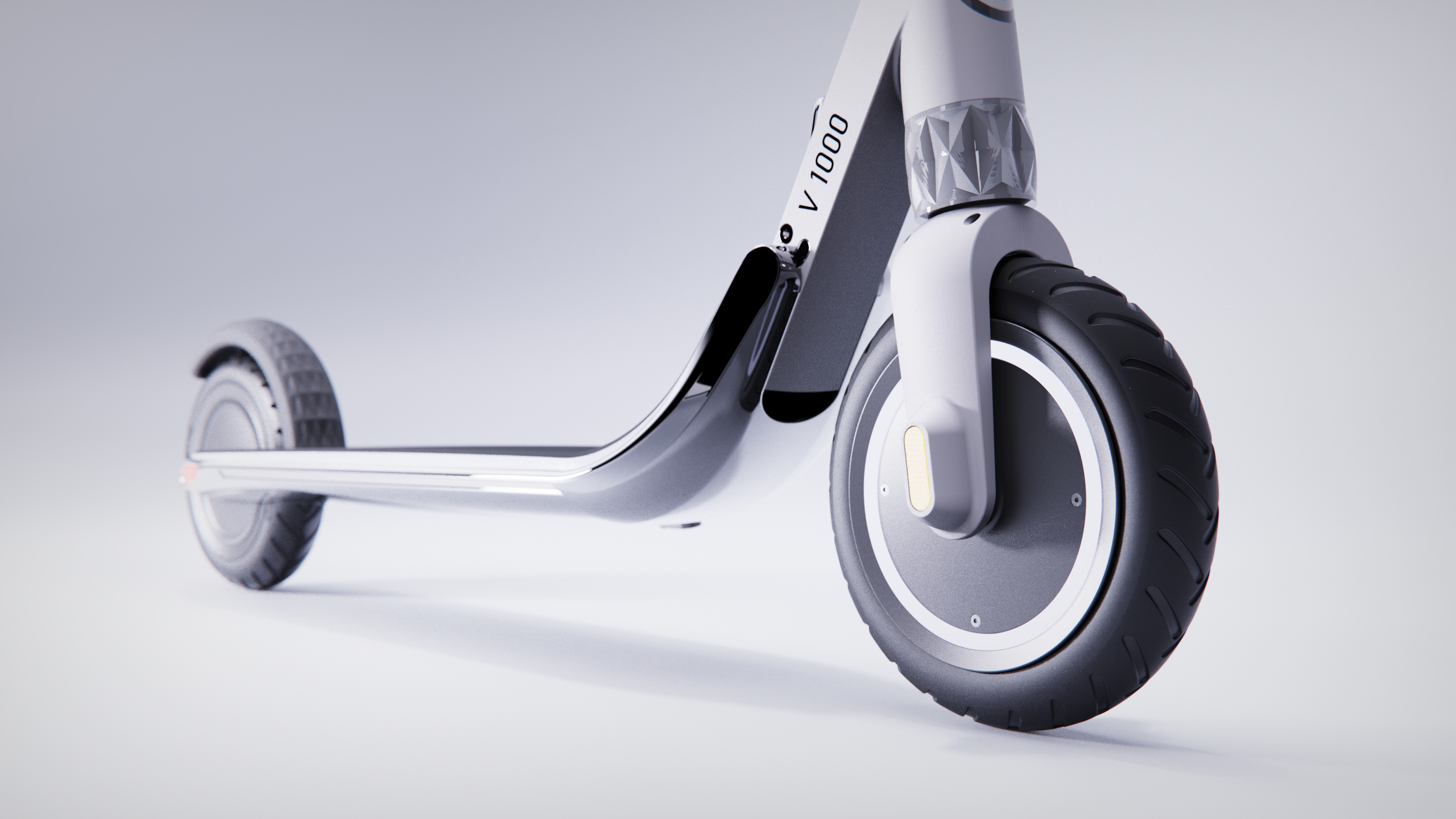 Electric scooter product render — front wheel and chassis