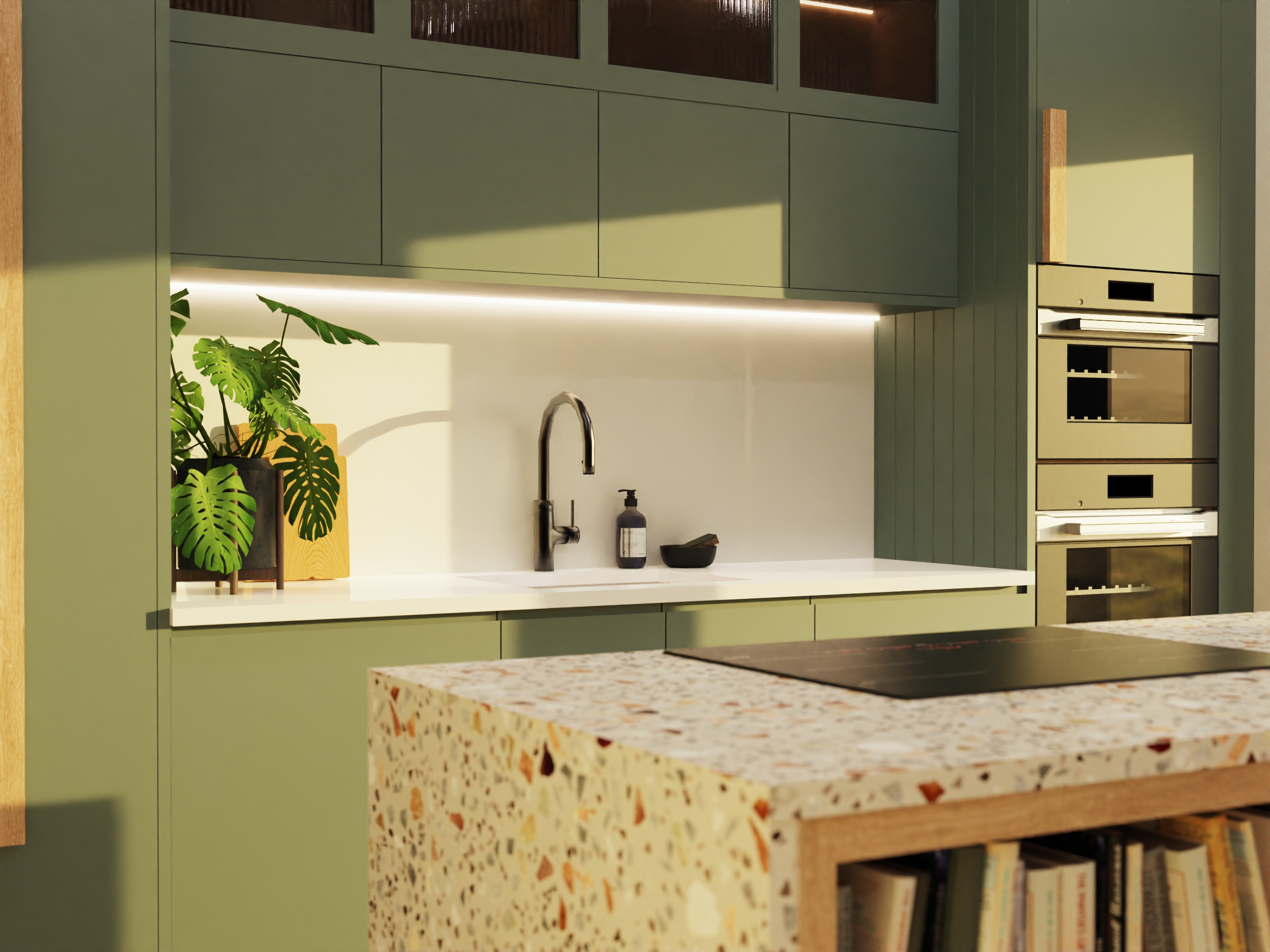Kitchen render — handleless cabinetry and worktop