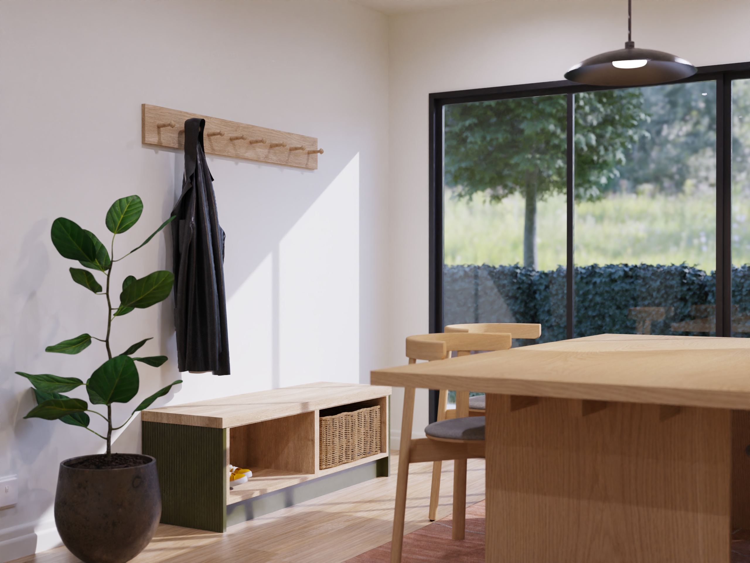 Residential interior render — hallway and dining area