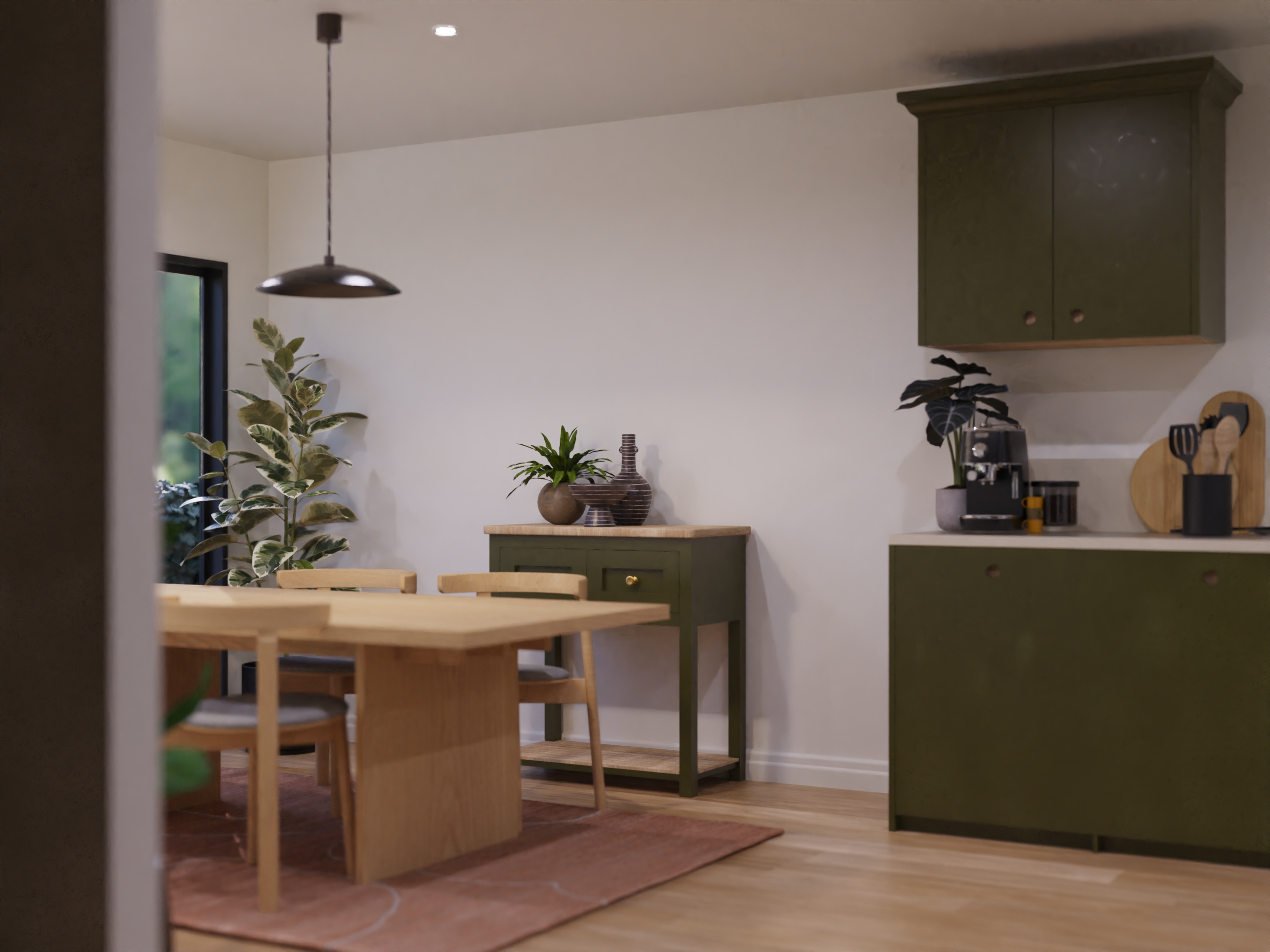 Open-plan residential interior render — kitchen and dining